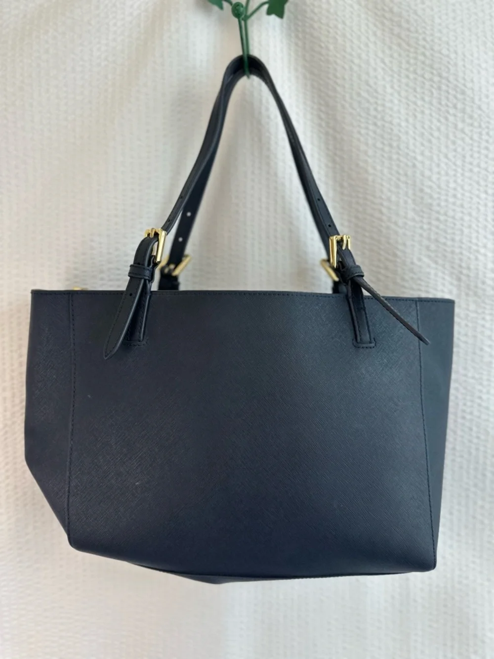TORY BURCH Navy Blue York Buckle Pebbled Leather Tote Shoulder Bag Gold Hardware